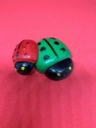 Vintage Ladybug Refrigerator Magnets Resin Red And Green Pair Very Old Smile