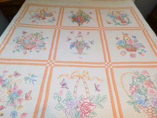 Vintage 1940 Hand Embroidered Handmade Quilt Flower Baskets Pansies Roses 74x74 "