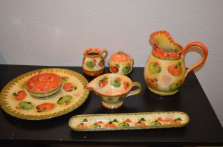 Vtg Neiman Marcus Hand Painted Italian Pottery Serv.  Set Of 6 Fall Colors&design