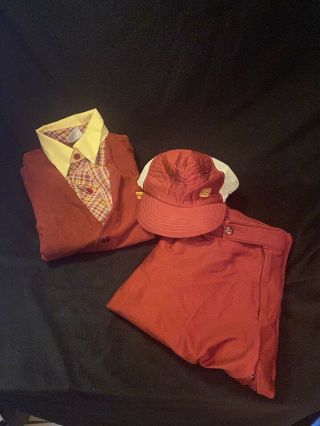 Vtg 80s Burger King Employee Uniform Hat Pants Shirt Polyester Corduroy Costume