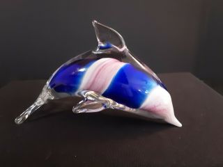 Glass Dolphin Figurine Paper Weight Swirl Blue Pink White & Clear