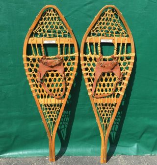 Vintage Torpedo Snowshoes 42x14 W/leather Bindings,  Labels Snow Shoes