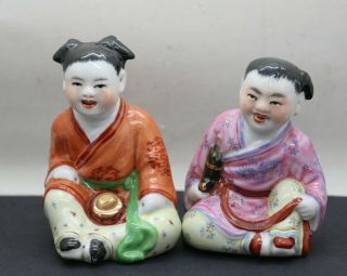 Two Vintage Chinese Hand Painted Famille Rose Porcelain Children Musicians