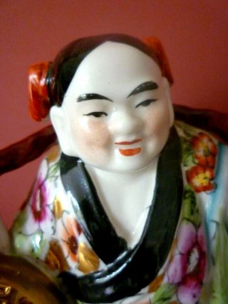 Large Auspicious Chinese Laughing Buddha Peach Prosperity Porcelain Figurine