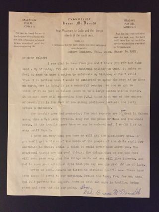 Vintage 1957 Cuban Revolution Letter Signed By Evangelist Bruce McDonald 2