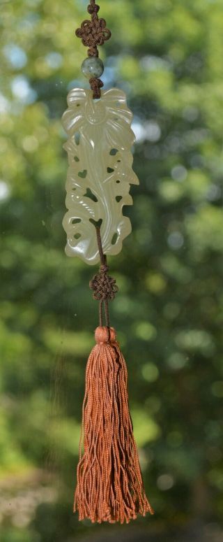 Vintage Chinese Carved Jade Pendant With Silk Cord And Tassels