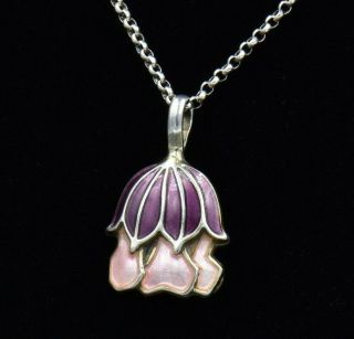 Vtg David Andersen Pink Purple Enamel Flower Sterling Silver Pendant Necklace
