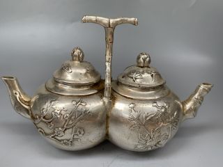 Chinese Collectable Decor Old Tibet Silver Carve Flower Special Twin Tea Pot