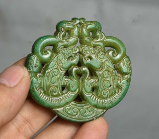 5.  5cm Old China Green Jade Jadeite Hand - Carved Dragon Phoenix Pendant Sculpture