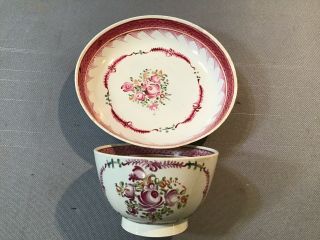 18th Century Antique Chinese Export Porcelain Famille Rose Tea Cup And Saucer