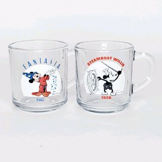 Set Of 2 Disney Glass Mug Cups Mickey Fantasia 1940 And Steamboat Willie 1928