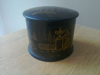 Antique Early 20th Century Black Laquered Pot Decorated With Oriental Scenes