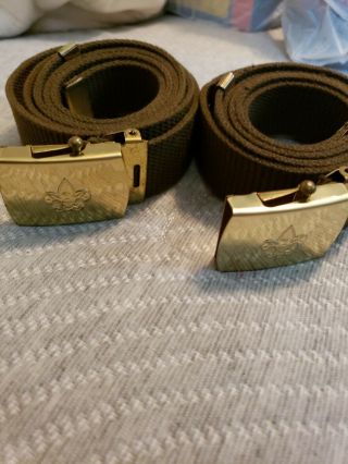 2 Ea.  Vintage Boy Scout Belts & Brass Buckles With Accessories Brass Clip Nos