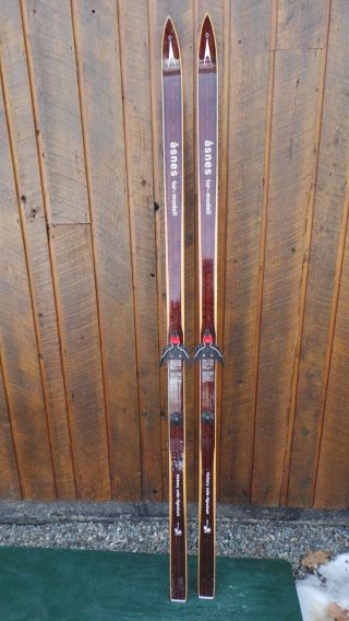Great Vintage Hickory Wooden 76 " Skis Has Brown Finish Signed Asnes Tur Modell