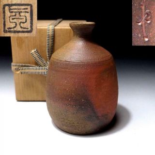 @eh31: Vintage Japanese Pottery Sake Bottle,  Bizen Ware With Signed Wooden Box