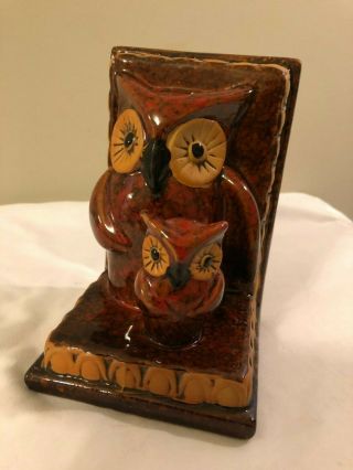 Vintage Ceramic Chalk - Ware Owl And Baby Bookend - Red Brown