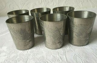 Antique Vintage Chinese Kut Hing Swatow Pewter Sake Cups Engraved Set Of 6