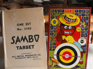 Vintage Sambo Tin Dart Board Target Black Americana Wyandotte Toys - Box & Stand