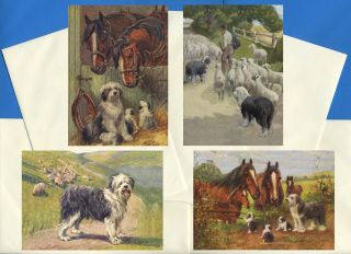 Old English Sheepdog Pack Of 4 Vintage Style Dog Print Greetings Note Cards 2