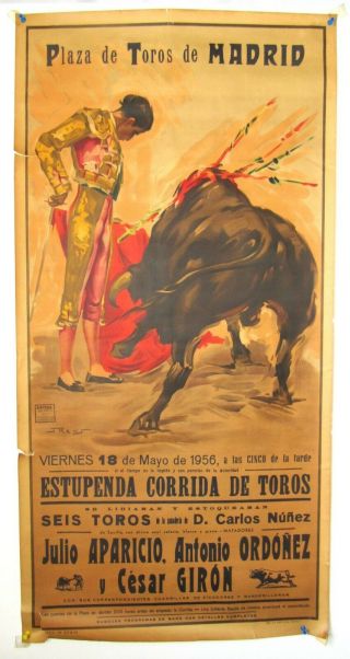 1956 Ortega Spanish Bull Fighting Poster - Plaza De Toros - Julio Aparicio