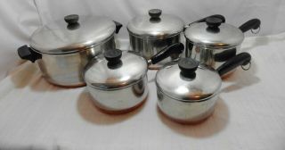Vtg Revere Ware Copper Bottom 10 Pc Cookware Set Stock Pot Saucepans 8401