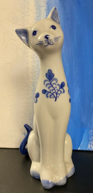 Vintage Cat Kitty Figure White Blue Floral Flower Ceramic Porcelain Decor Kitten