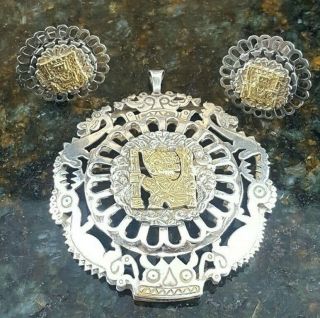 Antique Vtg Sterling Silver 18k Gold Peruvian Earring Pendant/brooch Ornate Set