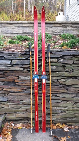 Vintage Hickory Wooden 75 " Skis Has Red Finish Elite,  Bamboo Poles
