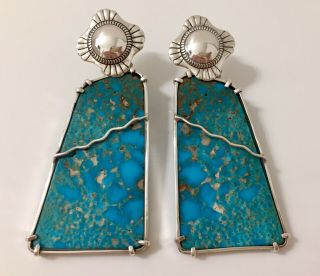 Vintage Navajo Inlaid Turquoise Sterling Silver Western Earrings 2.  75 " Tall