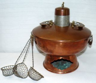 Vintage Chinese Mongolian Copper Fire Pot With Cooking Spoon Baskets