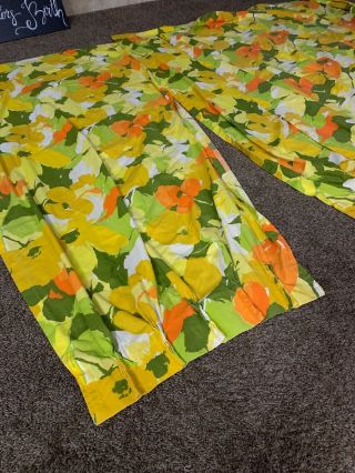 Vintage Floral Yellow Green And Orange Retro 1970’s Look 4 Panels Of Curtains