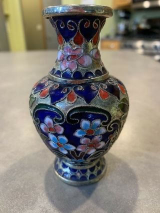 Old Chinese Enamel Cloisonne Silver Metal Vase Floral Blue Pink Ornate Pink