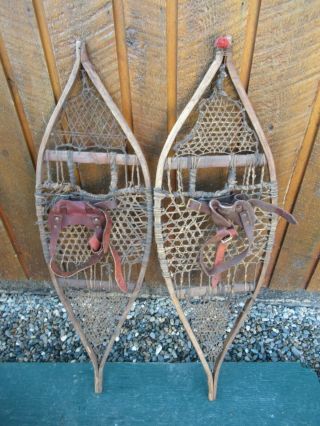 Great Vintage Snowshoes 36 " Long X 11 " Ojibwa,  Leather Bindings For Decoration