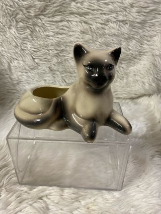 Vintage Porcelain Ceramic Siamese Cat Planter Kitten Design Mid Century Decor