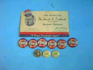 10 Old 1940 Roosevelt,  Wallace Campaign Pin Backs