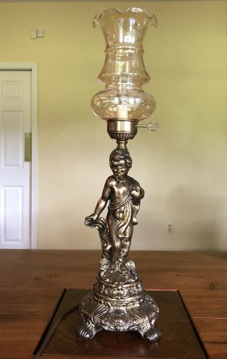 Antique Cherub Vintage Oil Parlor Banquet Table Electric Lamp Glass Globe Brass