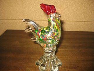 Glass Rooster Figurine,  Multi Color With Clear Glass Body; 6 " Tall