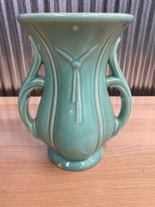 Vintage Mccoy Heavy Pottery 2 Handle Urns Vases Blue Green