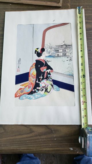 Antique Japanese Woodblock Print - Woman Viewing Pagoda