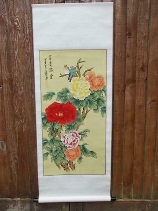 896 / Large Vintage Chinese Scroll With Hand Painted Flowers And Birds 141cm