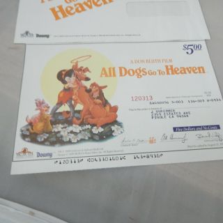 All Dogs Go To Heaven $5 Certificate/paper Promo 1990 Downy Mgm/ua Mellon Bank