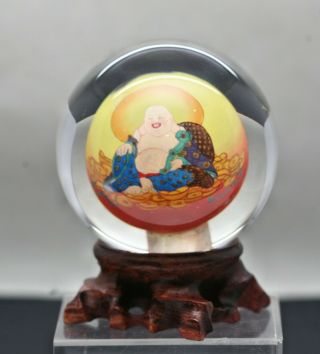 Fine Chinese Cut Glass Globe W/inside Hand Painted Buddha Artwork Wooden Stand