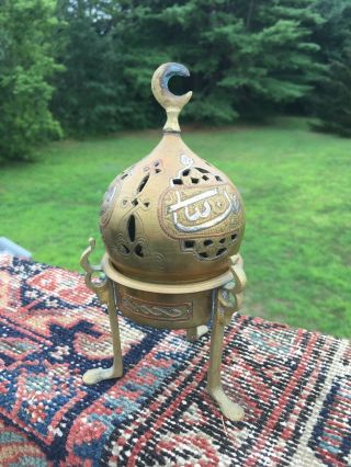 Rare Damascene Middle East Inscent Burner With Silver And Brass