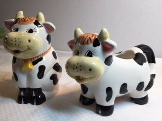 Set Of 2 Holstein Dairy Cow Creamer And Sugar Bowl Farm Animals Kitchen Ceramic