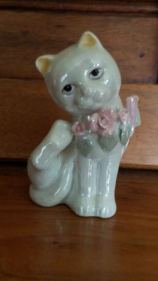 Vintage Ceramic Cat Figurine - With Pink Flowers - Adorable