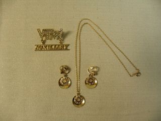 Pin Brooch Necklace Earrings Set Vfw Veterans Of Foreign Wars Ladies Auxiliary
