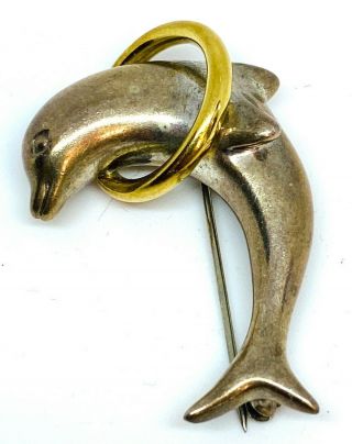 Vintage Tiffany & Co Dolphin Pin Brooch 925 Silver & 18k Gold 1.  75 " Nautical