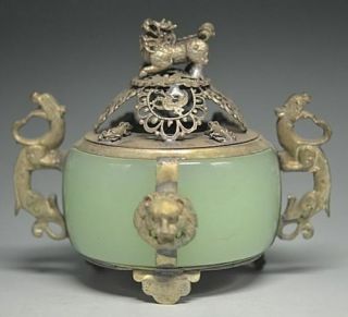Unique Chinese Silver Copper Inlaid Jade Dragon Lion Incense Burner