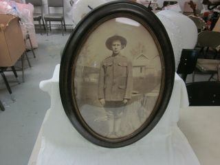 Vintage Oval Convex Glass Soldier Wwi Wooden Framed Picture 23 " X 17 "
