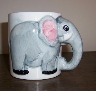 Ceramic Elephant Coffee Cup Mug - Trunk Handle - Grey - Hand Painted - Unmarked